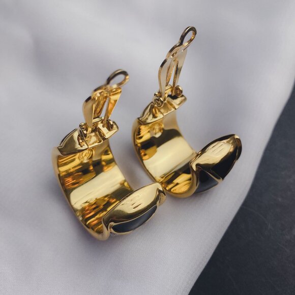 Vintage Swarovski Chunky Black Enamel Rhinestone Gold Half Hoop Clip Earrings - Picture 7 of 12